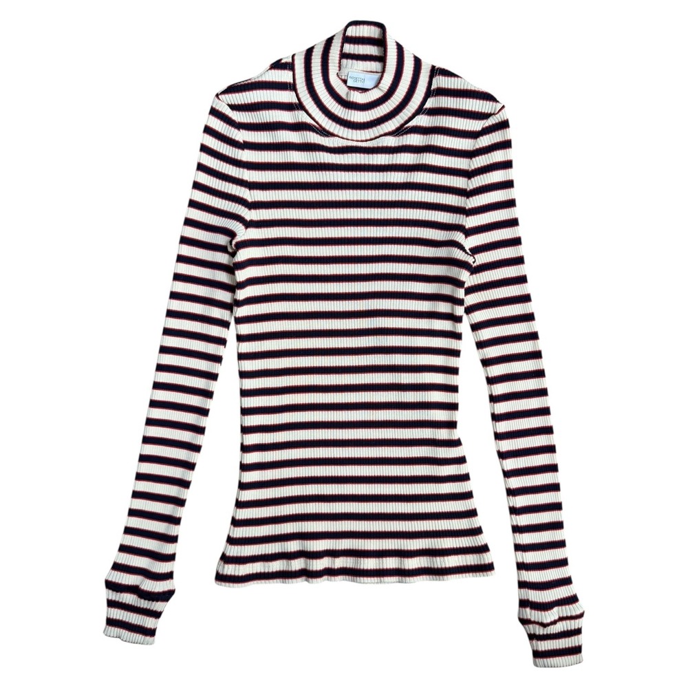 Rosetta Getty Luxury Minimalist Stripe Ribbed Mock Neck Long Sleeve Knit Top M